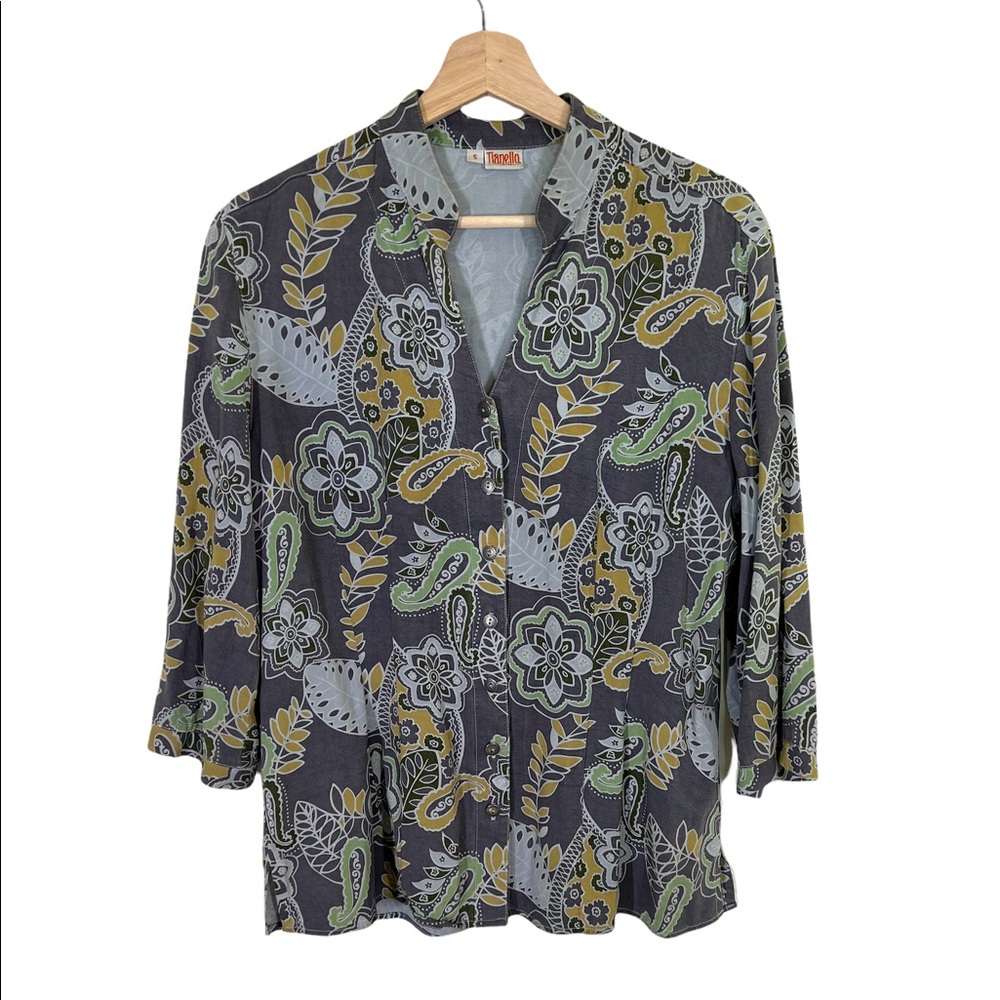 Tianello Blouse Shirt S Grey Green Paisley Button Down Prewashed 3/4 Sleeves